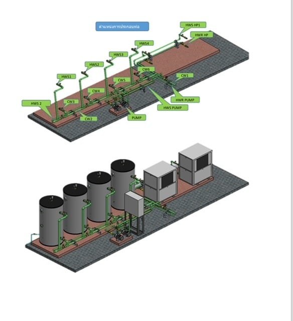 แบบการติดตั้ง Heat Pump ร่วมกับถังเก็บน้ำร้อนหลายใบ